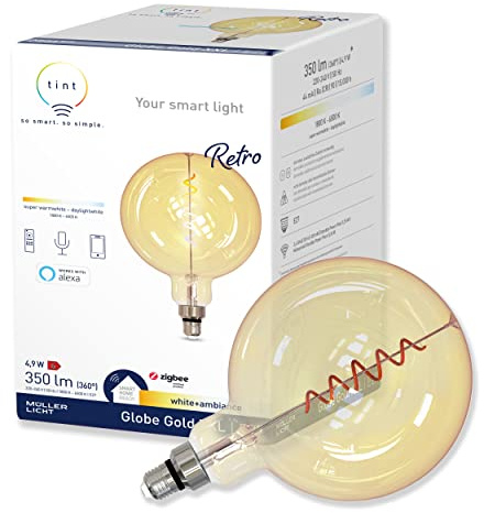 tint Smarte LED-Globe Retro Gold XXL E27 – Steuerbar per Alexa oder Fernbedienung – Dimmbare E27 Glühbirne mit weißem Licht (1800-6500 K), 4,9 W