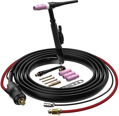 ARCCAPTAIN TIG Torch with High-Frequency Ignition, WP-17 Air-cooled Argon TIG Welding Torch with 35-50mm² Plug, 13-FT Air Hose (Red) and Cable, HF Tig Torch 150amp for ARCCAPTAIN TIG200 and TIG200P