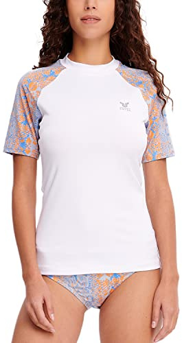 HUGE SPORTS Femme Maillot de Bain Rashguard à Manche Courte T-Shirt de Bain Surf Bateau à Séchage Rapide (Blanc,S)