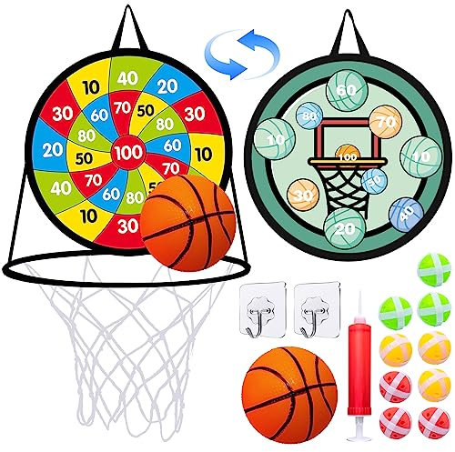 2 in 1 Dartscheibe für Kinder, Dart und Basketball Spiele, Double Face Basketball Körbe und Dart Spiel, Faltbare Aufbewahrung, Geschenke für Kinder von 4 bis 10