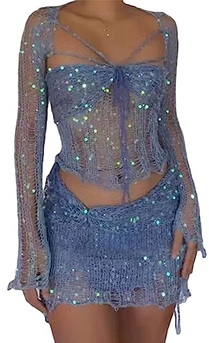 ORANDESIGNE Gonna Set in Maglia di Donne in Paillettes 2 Pezzi Scintillanti Scava Fuori Manica Lunga Crop Top Mini Gonna Abiti Sexy Y2K Gonna Copricostume da Spiaggia B Blu S