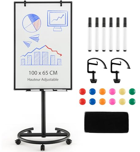 GOPLUS Tableau Blanc Mobile Magnétique avec Hauteur Réglable, Tableau Blanc Rotatif à 360° avec 4 Roues, Effaceur, Aimants, Tableau Effaçable, pour École,Bureau (Noir|Base Rond, 65l x 100H cm)
