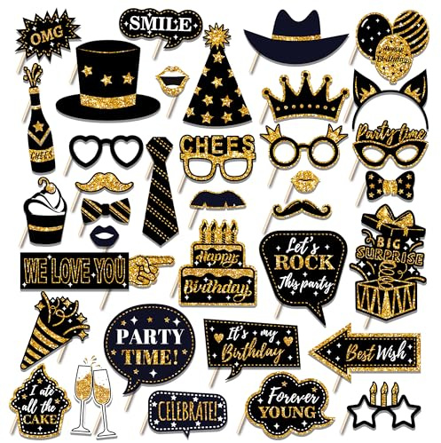 30 Pcs Black & Gold Birthday Photo Booth Props 2025 Party Photo Booth Props Birthday Decorations Backdrop Decorations for Photography