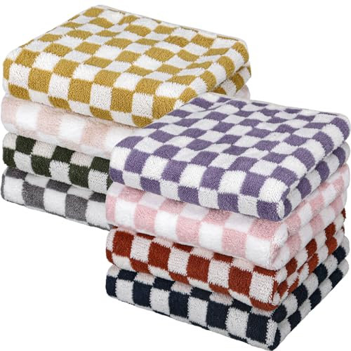 Windkream 8 Stück karierte Korallen-Samt-Handtücher, 35,6 x 76,2 cm, weich, saugfähig, dekoratives kariertes Design, Handtücher für Badezimmer, Küche, Strand, Spa, Fitnessstudio, 8 Farben