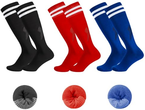 Invalidism 3 Pairs Kids Football Socks, Childrens Football Socks Kids Breathable Soccer Sock Long Football Socks for Sporting Running Training Socks for Children Aged 5-12(Blue+Black+Red)