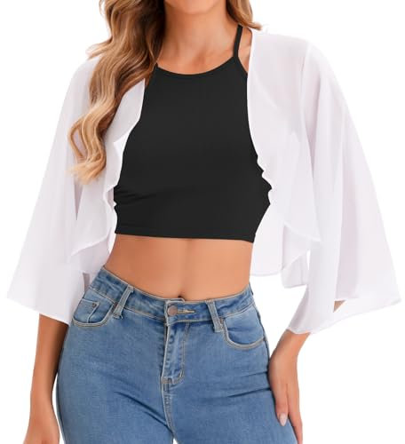 Kiiwah Damen Bolero Chiffon, 3/4 Ärmel Bolero Jäckchen Damen Dünne Sommer Festliche Bolerojacke Leicht Strickjacke Cardigan Elegant für Abendkleid Kleid Badeanzug (Weiß)