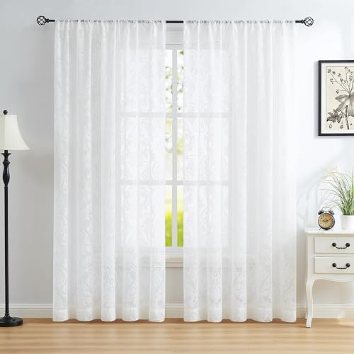Abstractex Tende in voile bianco damascato in pizzo 228 cm per soggiorno, rete floreale, pannelli velati per camera da letto, privacy, arioso, vittoriano, vintage, filtraggio della luce, tendaggi per