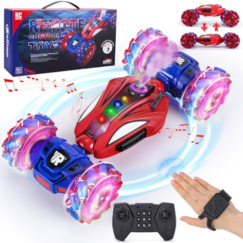 Highttoy Radiostyrd bil barn, Handstyrd bil med sprutning, musik och ljus 360° rotation offroad RC bil leksak från 6 7 8 9 10 år pojkar flickor gåvor, Röd