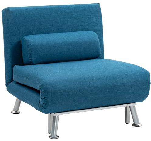 HOMCOM Single Sofa Chair Bed, Linen Fabric 3-in-1 Convertible Sleeper Chair with 5-Position Adjustable Backrest, 75cm Wide Seat, Pillow for Living Room, Bedroom, Blue