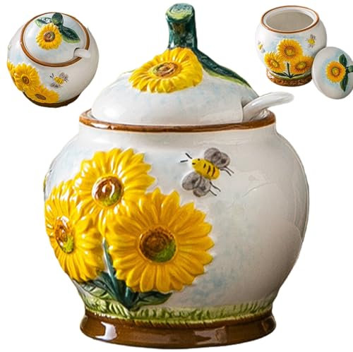 Sugar Container, Embossed Sunflower and Bee Sugar Bowl with Lid and Spoon Sugar Pot, 4x4.7 Ceramic Sugar Bowl for Kitchen Countertop, Coffee Bar Storage