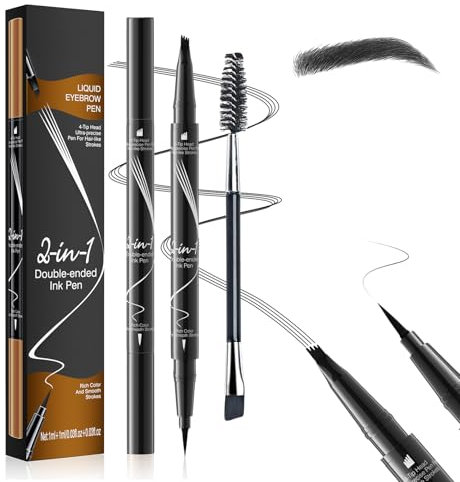 Lapiz Cejas Microblading 2 en 1, Lapiz de Cejas Impermeable con Punta de 4 Tenedores y Delineador, Consigue Efecto 3D Natural, Profesional Eyebrow Pencil (Negro)