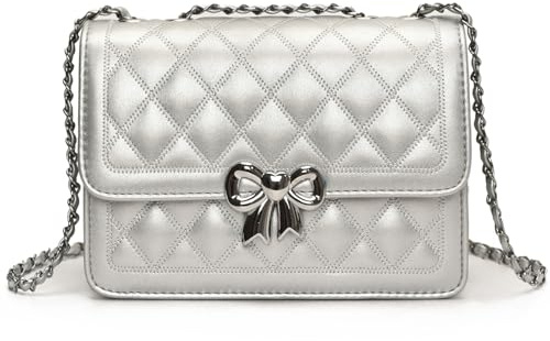 Travistar Small Women's Cross Body Bags Cute Shoulder Bag Handbags Quilted Leather Crossbody Bags for Women Side Bag with Chain Strap Clutch Evening Purse, Silver
