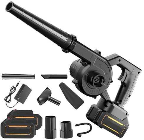 Kabelloser Laubbläser, 21 V, kabellos, mit Akku und Ladegerät, Staubbeutel, 2-in-1, Gartenbläser und Saug, für Terrasse, Alleen, Garten (2 Batterie/A)
