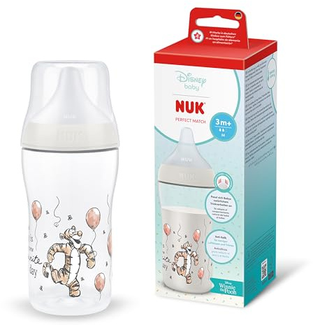 NUK Perfect Match Babyflaska | 0+ månader | 260 ml | Anti-kolikmatningsflaska | PP | Temperaturindikator | Tigger | 1 styck