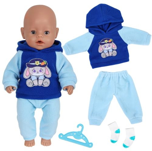 Baby Doll Clothes for 12-18 Inch Dolls, 4 Pcs Baby Doll Accessories for 30-45cm Dolls with Blue Rabbit Hooded Sweatshirt Trousers Socks Hanger for 30-45 cm Sweet Doll Clothes Girls Birthday Gift