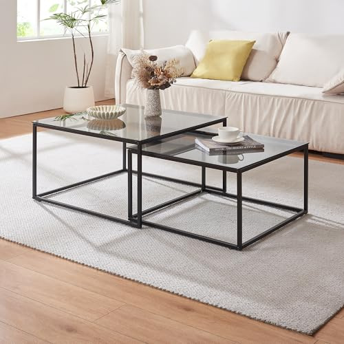 [en.casa] Juego de 2 Mesas Nido Tromlaslo Set de 2 Mesas Auxiliares Cuadradas Mesitas de Centro para Salón Oficina Estilo Industrial Acero Negro Vidrio Ahumado Gris