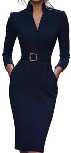 Bodycon pennklänning för kvinnor kyrka lärare kontor blygsamma affärskläder till arbete mantel kostymer klänningar, Mörkblått, 3XL