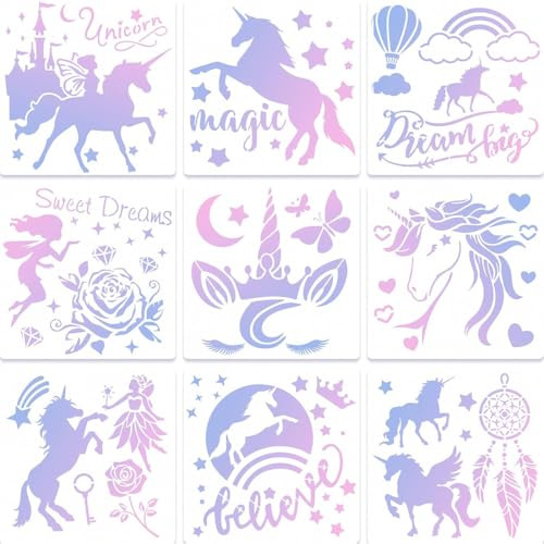 Stencil Bambini per Pittura - Set da 9 Pezzi 20x20 cm Fate e Unicorni - Sagome Creative per Bambini - Plastica Riutilizzabile Sagoma da Disegno Fai da te Artigianato, Carta, Pareti, Legno, Tessuto