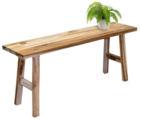 Spetebo Banco de madera de teca rectangular natural – 100 x 42 cm – Taburete decorativo de madera maciza rústica – Soporte para plantas, podio de madera, banco de madera, taburete decorativo