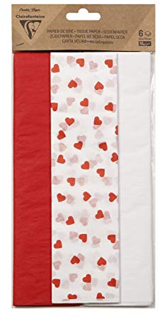 Clairefontaine 95542C - confezione da 6 fogli di carta velina stampata- Misura 50x75 cm - 2 Fogli motivo cuori + 2 Fogli Rosso + 2 Fogli bianchi - assortimento amore