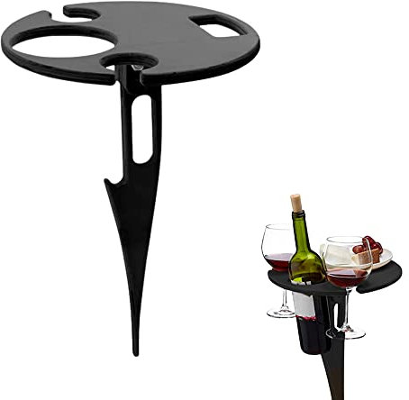 Gotetiso Table à Vin Portable D'extérieur Table de Plage Mini Table Pliable Porte Bouteilles de Pique Nique Porte Verre à Vin Suspendu Table Ronde Pliante pour Jardin Camping Plage Voyage