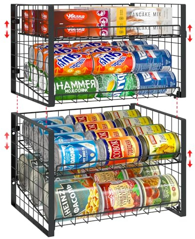 JKsmart 2-Tier Stackable Can Rack Organizer for Pantry, Adjustable Can Dispenser Holds Up to 60 Cans, Can Storage Holder for Various Ounces of Canned Food Soda Drinks, Black, 2 Pack