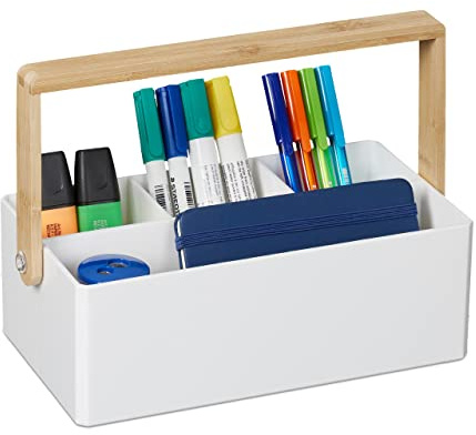 Relaxdays Organizer mit Griff, 4 Fächer, Bambus Henkel, weiß