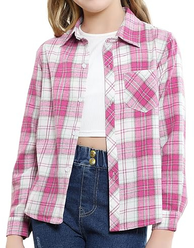 SANGTREE Womens and Girls Long Sleeve Flannel Shirt Casual Button Down Plaid Shirts, 3 Months - Adult 2XL, Cold Pink, 10-11 Years