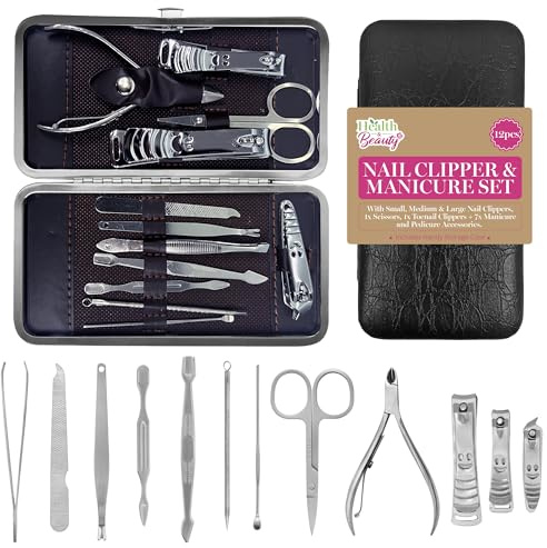 SOL 12pcs Nail Clipper & Manicure Set for Women with Toenail Clippers, Fingernail Clippers, Nail File, Tweezers, Scissors & Accessories - Complete Home & Travel Nail Care Kit - Durable Design
