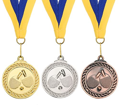PATIKIL 2 Ping Pong Medals, 3 Pack Table Tennis Award Medals Set Gold Silver Bronze Medal with Ribbon Blue Yellow for Games Sports Competitions