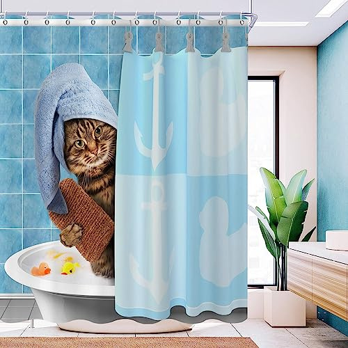 GCIREC Funny Cat Shower Curtain, Cute Kitten Taking Shower Cartoon Animals Bathroom Curtain Home Decor Waterproof Fabric Machine Washable with 12 PCS Hooks,72 Wx96 L