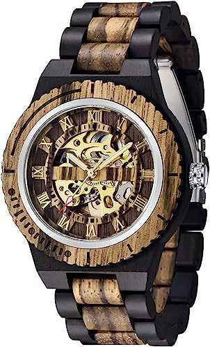 Tiong Montre de Sport Mécanique Bois Cadran Numérique Creux Bracelet en Bois avec Aiguilles Lumineux Montre Mécanique Homme