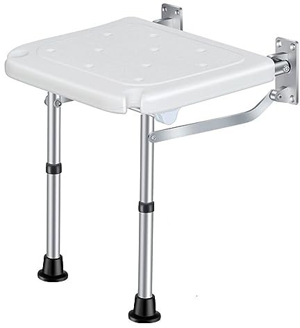 Wall-mounted Folding Shower Seat, 5-position height adjustment, foldable shower chair with a load capacity of 440 pounds, shower head slots on both sides, non-slip feet, and drain holes on the seat