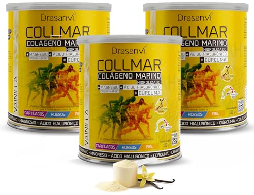 Drasanvi COLLMAR Colágeno Marino Hidrolizado + Cúrcuma con Magnesio, Vitamina C, Ácido Hialurónico | Bienestar articular y muscular | Pack 3 uds | 9.355 mg/día | 3 x 300g de polvo | Sabor Vainilla