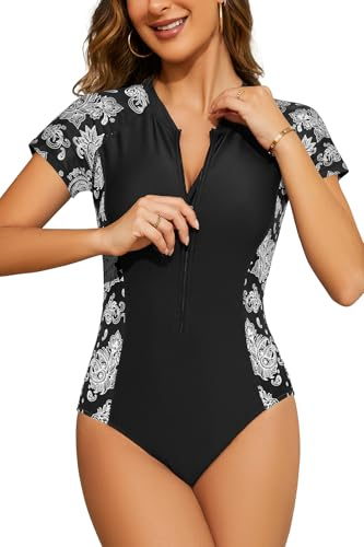 SHEKINI - Bañador de una pieza para mujer con mangas cortas, protección Rash Guard, cremallera, para surf, S