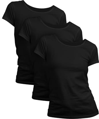 Basic Treasure 3er Pack Tshirt Damen Schwarz, Kurzärmliges Shirt, 100% Baumwolle T Shirt (Schwarz, S)
