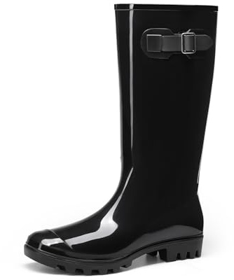 DREAM PAIRS Women Wellies,Ladies' Wellington Boots for Outdoor and Fashion Side-Buckle Dog Walking Boots Knee High Boots in Rainy Day,Size 4.5,Black,SDRB2418W-E