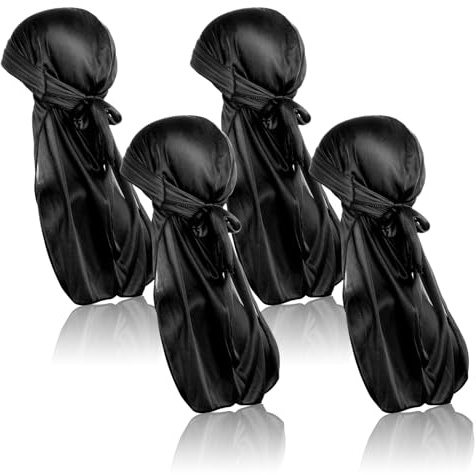 YUXIANLB Durags - Gorro sedoso para hombre, turbante de ondas para mujer, de satén, terciopelo, Durag, negro, sedoso, para dormir, doble costura, triple, largo, doble correa ancha, unisex, 4 unidades,