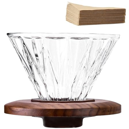 Polydremio Gocciolatore per caffè in vetro con 100 filtri di carta misura 02, vetro borosilicato e collare in noce, caffettiera da versare, 1-3 tazze, trasparente