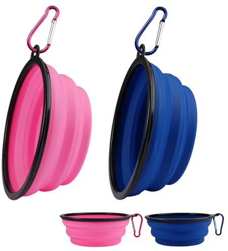 2 Piezas Cuenco Plegable para Perro,17.5×2/4/6.5cm Cuencos de Viaje para Perros con Mosquetón,1L Cuenco Plegable de Silicona para Perros,Perros Bol Portátil de Viaje para Viajes, Senderismo(Azul+Rosa)