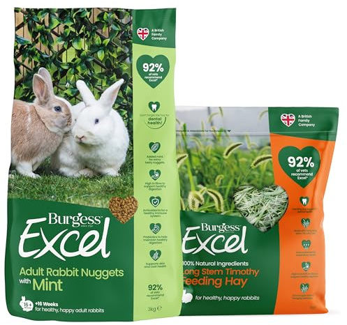 Burgess Excel Rabbit Food & Hay Value Bundle - 3KG Nuggets & 1KG Long Stem Feeding Hay for Adult Rabbits – Dust Extracted Timothy Hay & Mint Pellets