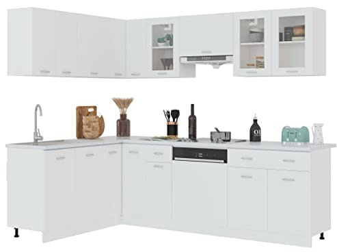 Tomostar Cuisine Complète d'angle sans Plan de Travail, Mueble de Cuisine Complete Ensemble de Meubles de Cuisine 11 pcs Blanc Aggloméré
