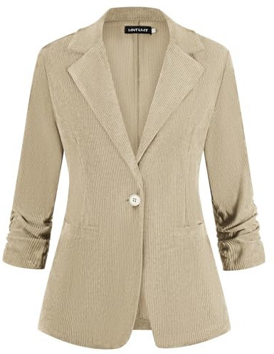 Kyzoeyou Women's Corduroy Blazer 3/4 Ruched Sleeve Blazers Suit Ladies Notched Collar Casual Work Office Jacket with Pockets(Beige X-Large)