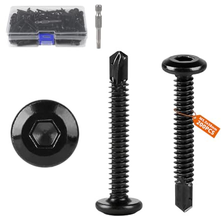 SUPAWAY 200 Pezzi Viti per lamiera M5,5 x 38 mm Viti a brugola in acciaio inox 410 autofilettanti, testa piatta, Viti a testa piatta con esagono incassato, Viti nere per metallo con 1 punta e scatola