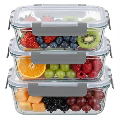 OFFASST Glas Frischhaltedosen Set & Meal Prep Boxen, 3x370ml Borosilikatglas Behälter mit BPA-freiem Deckel, Food Storage Container für Mikrowelle, Gefrierfach & Spülmaschine