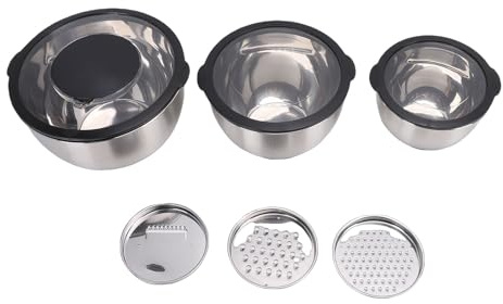 Fockety 3 Tazones para Mezclar, Tazones Anidados de Acero Inoxidable con 3 Accesorios para Ralladores, Marcas de Medición, Tapas de Sellado, Fondos de Silicona para Cocina
