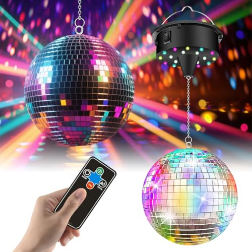 Bola de discoteca con motor, bola de espejo, motor giratorio, ajustable 5/8/10/15 rpm con bola de espejo de plata de 15,2 cm y 4 luces de color, 18 perlas LED, mando a distancia para fiestas, efectos