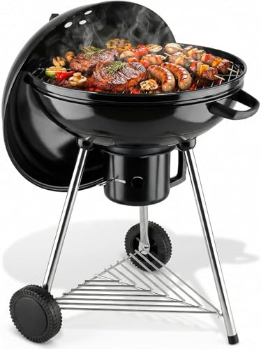 TLSUNNY Kulgrill, Ø 57 cm, kolgrill/porslinemaljerat lock och vattenkokare, 55 cm grillyta, höjd 97 cm, grillkol för camping, med avtagbar asklåda, trebensstativ och hjul