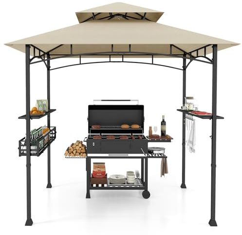 COSTWAY Grillpaviljong med dubbelt tak, sidohyllor, metallkorg, krokar och flasköppnare, väderbeständig, grillskydd för trädgård och utomhusbruk (242 x 153 x 250 cm) (beige)