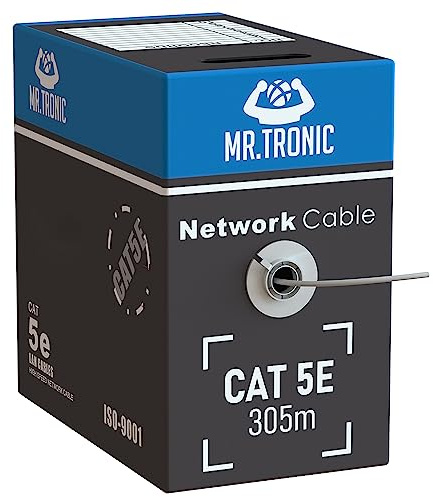 Mr. Tronic Vrac Câble Ethernet 305m, Bulk Reseau LAN Cat 5E Haut Debit Pour Internet Rapide 1 Gbps 100 MHz, Câble Ethernet AWG24, Cat5E en Vrac UTP CCA (305 Mètres, Gris)
